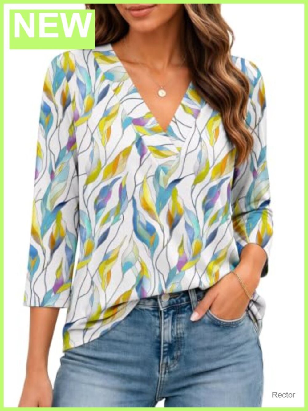 Women's 3/4 Sleeve V Neck Loose Fit Casual T-Shirt Blouse Top